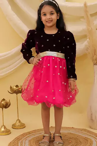Full sleeves velvet party frock for girls  wine