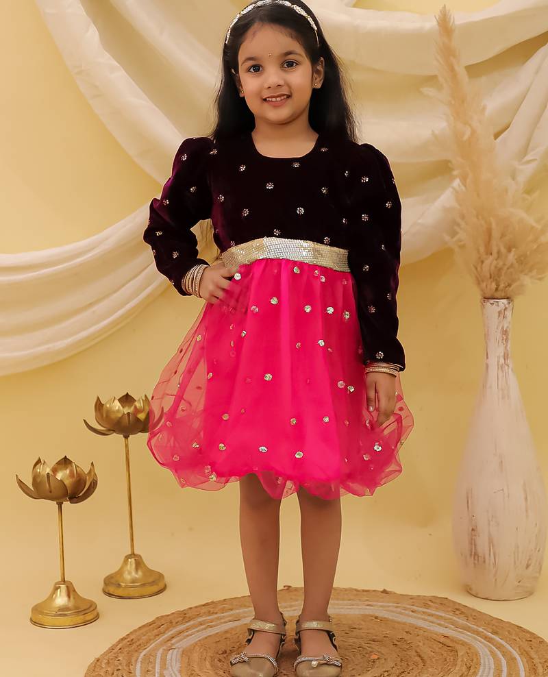 Full sleeves velvet party frock for girls  wine