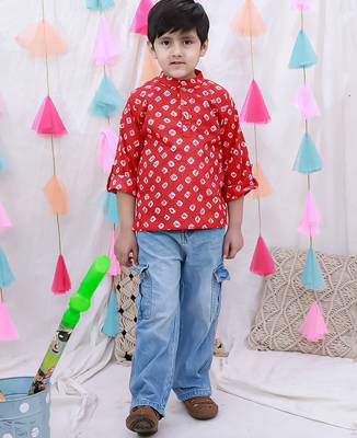 Full sleeves bandhni short kurta for boys  red 1