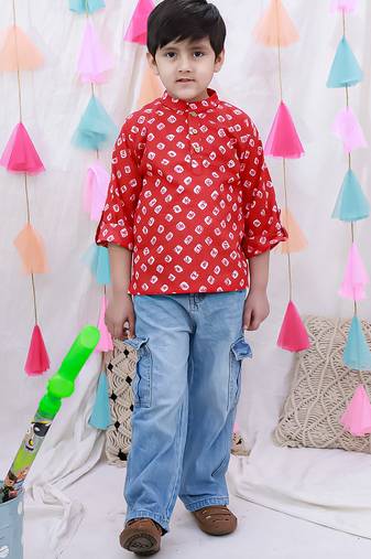 Full sleeves bandhni short kurta for boys  red