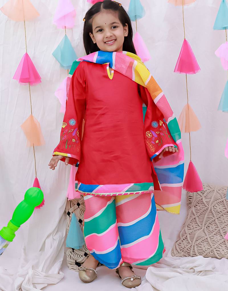 Embroidered quater sleeves suit set with dupatta for girls  red