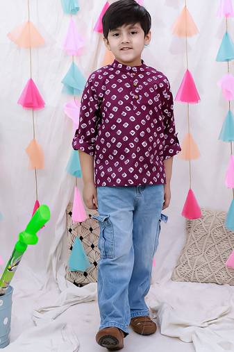 Fullsleeves bandhni short kurta for boys  purple