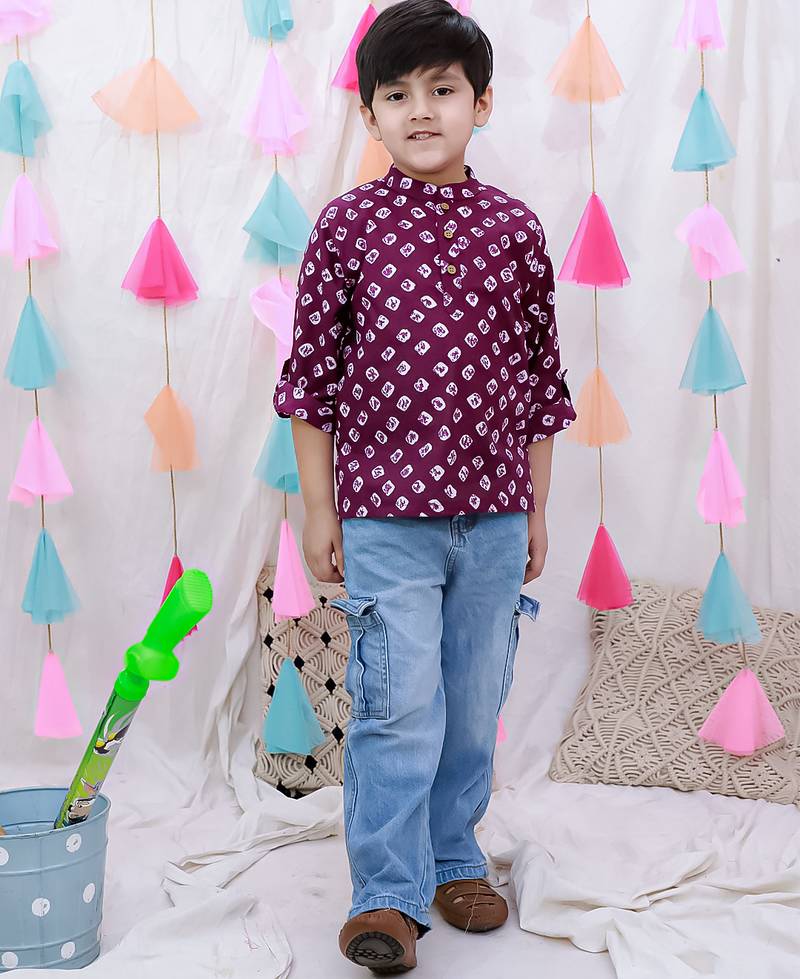 Fullsleeves bandhni short kurta for boys  purple