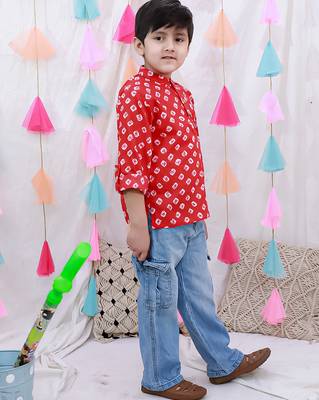 Full sleeves bandhni short kurta for boys  red 2