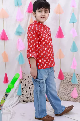 Full sleeves bandhni short kurta for boys  red