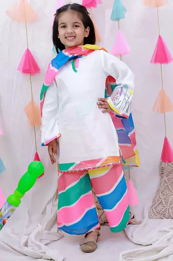 Embroidered quater sleeves suit set with dupatta for girls  white