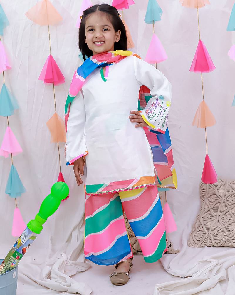 Embroidered quater sleeves suit set with dupatta for girls  white