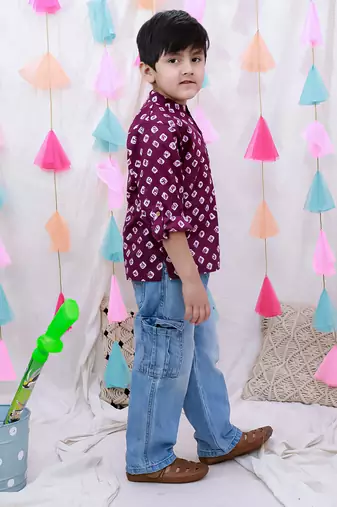 Fullsleeves bandhni short kurta for boys  purple