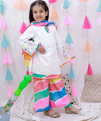 Embroidered quater sleeves suit set with dupatta for girls  white 2