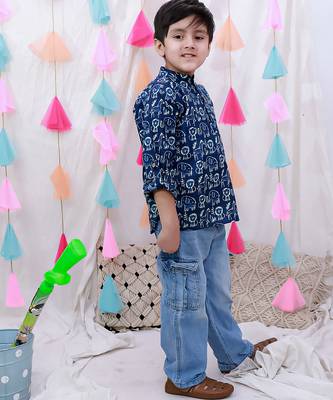Fullsleeves quirky print  short kurta for boy  indigo 2