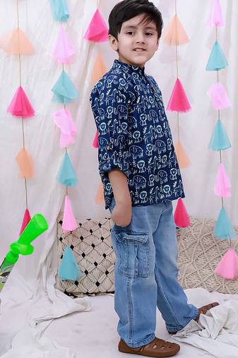Fullsleeves quirky print  short kurta for boy  indigo