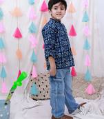 Fullsleeves quirky print  short kurta for boy  indigo