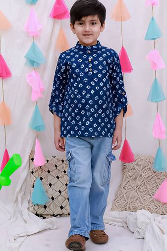 Fullsleeves bandhni short kurta for boys blue