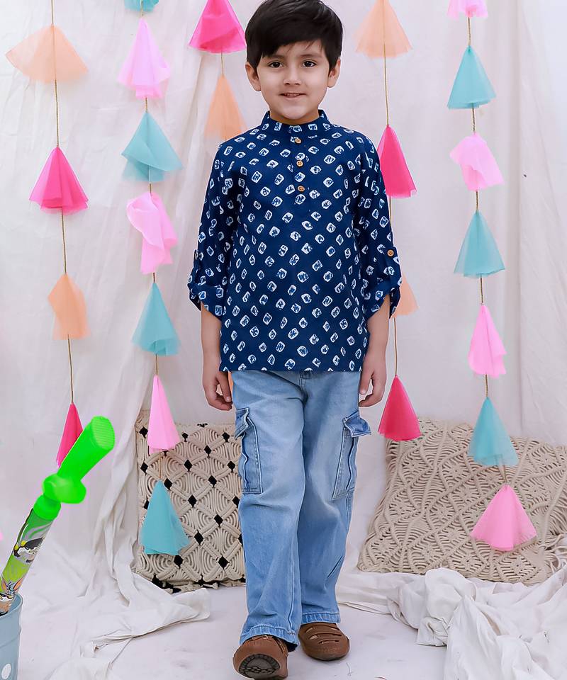Fullsleeves bandhni short kurta for boys blue