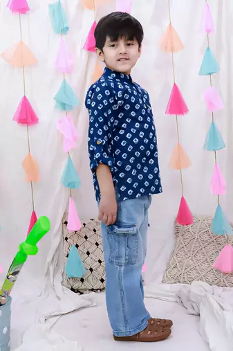 Fullsleeves bandhni short kurta for boys blue