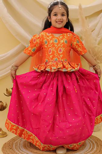 Short sleevesjacquard peplum lehenga choli with dupatta set for girls  orange