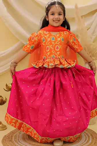 Short sleevesjacquard peplum lehenga choli with dupatta set for girls  orange