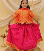 Short sleevesjacquard peplum lehenga choli with dupatta set for girls  orange