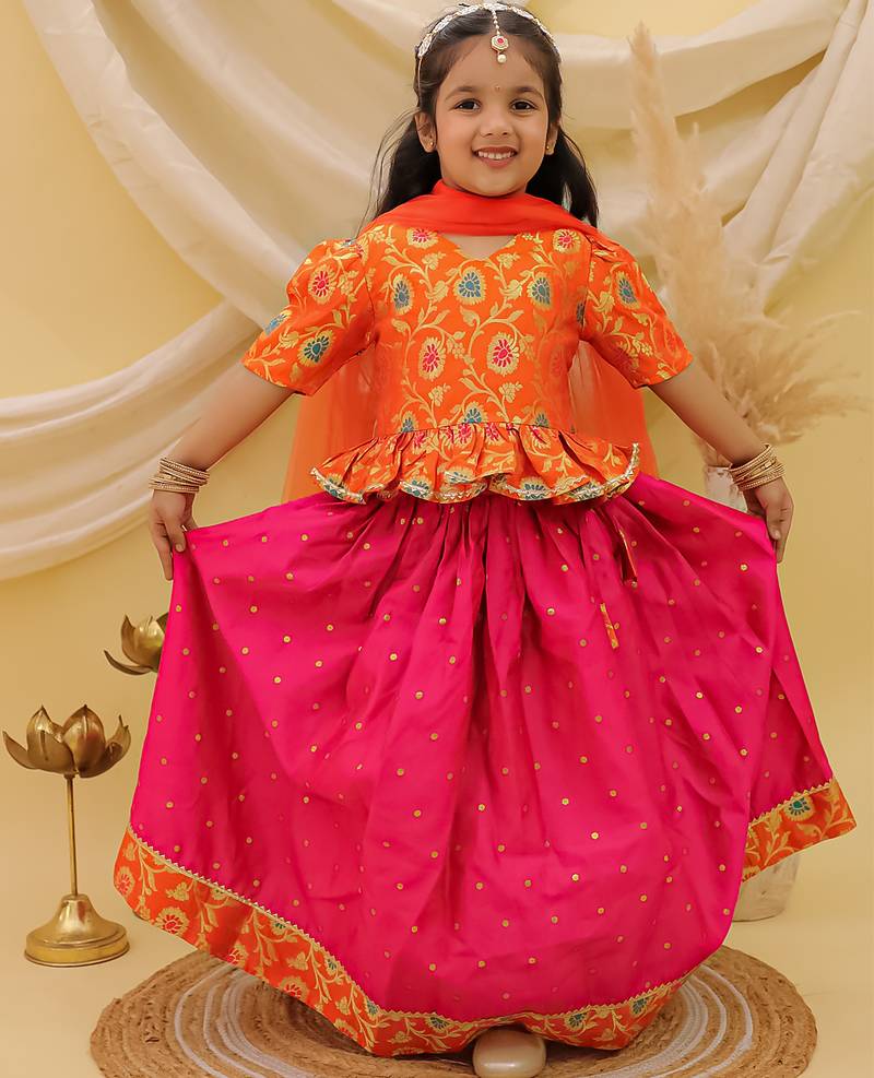 Short sleevesjacquard peplum lehenga choli with dupatta set for girls  orange