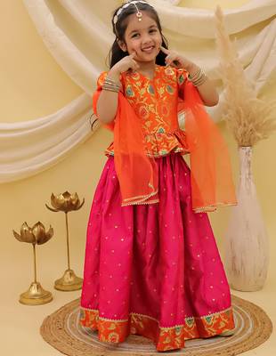 Short sleevesjacquard peplum lehenga choli with dupatta set for girls  orange 2