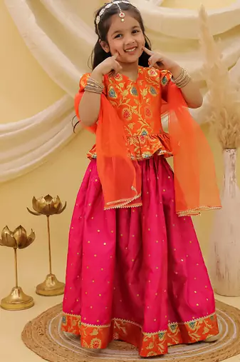 Short sleevesjacquard peplum lehenga choli with dupatta set for girls  orange