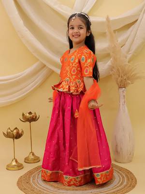 Short sleevesjacquard peplum lehenga choli with dupatta set for girls  orange 3