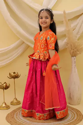 Short sleevesjacquard peplum lehenga choli with dupatta set for girls  orange