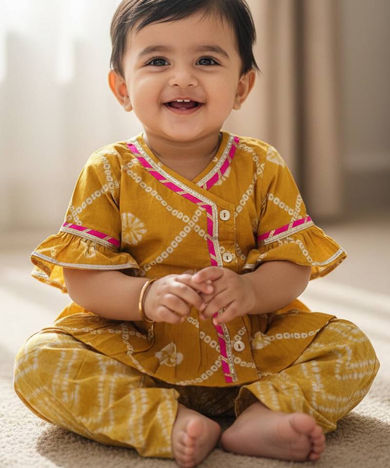 Indowestern angarakha kurti with dhoti  for infant girls  mustard