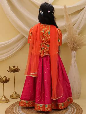 Short sleevesjacquard peplum lehenga choli with dupatta set for girls  orange 5