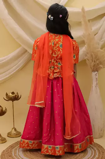 Short sleevesjacquard peplum lehenga choli with dupatta set for girls  orange