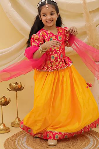 Short sleevesjacquard peplum lehenga choli with dupatta set for girls  pink