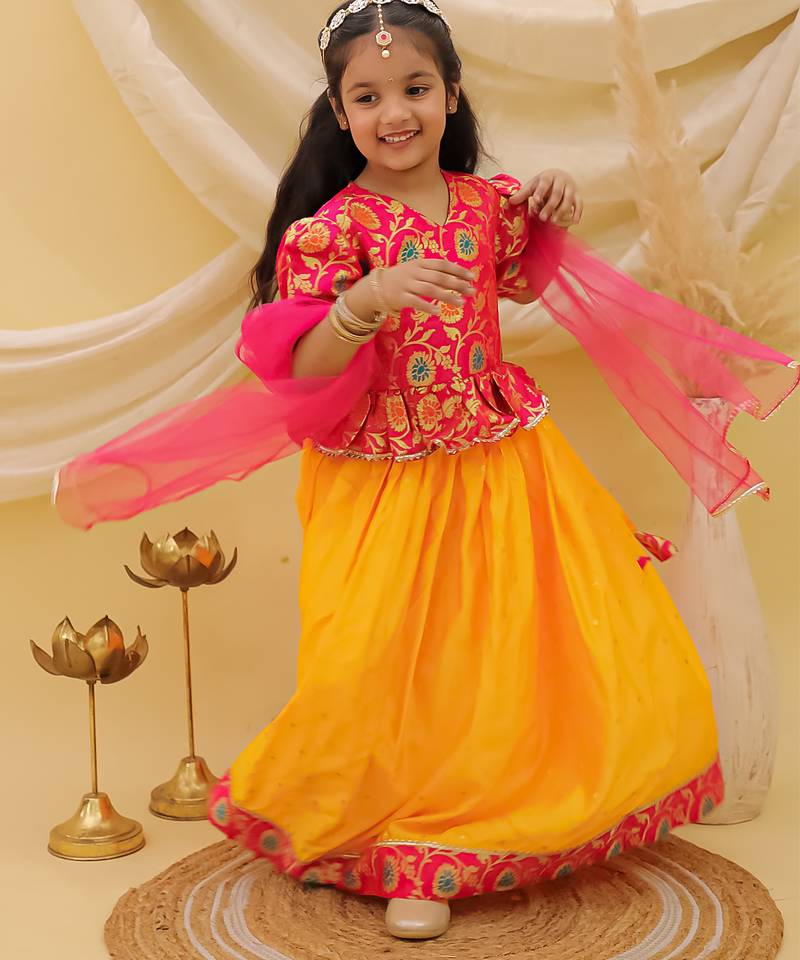 Short sleevesjacquard peplum lehenga choli with dupatta set for girls  pink