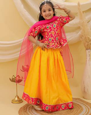 Short sleevesjacquard peplum lehenga choli with dupatta set for girls  pink 2