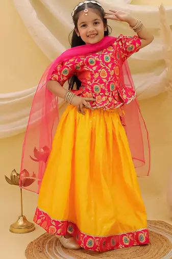 Short sleevesjacquard peplum lehenga choli with dupatta set for girls  pink