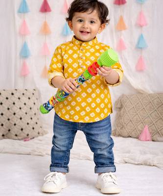 Fullsleeves bandhni short kurta for infant boys yellow 1