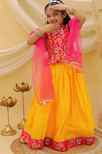Short sleevesjacquard peplum lehenga choli with dupatta set for girls  pink