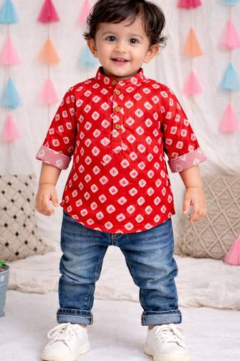 Fullsleeves bandhni short kurta for infant boys  red