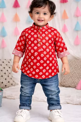 Fullsleeves bandhni short kurta for infant boys  red