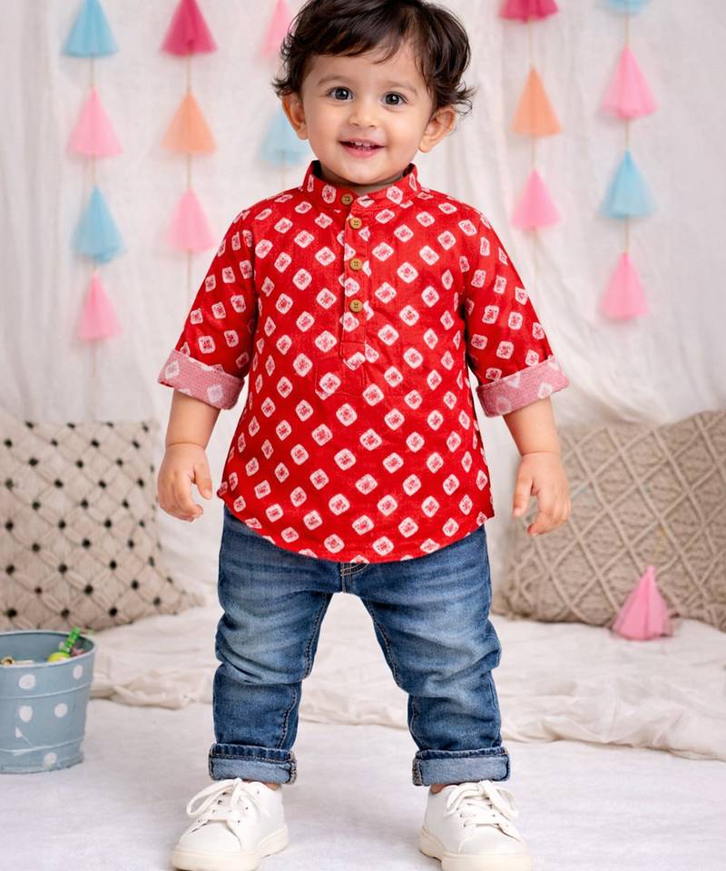 Fullsleeves bandhni short kurta for infant boys  red