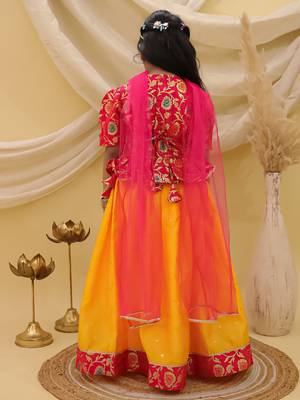 Short sleevesjacquard peplum lehenga choli with dupatta set for girls  pink 4