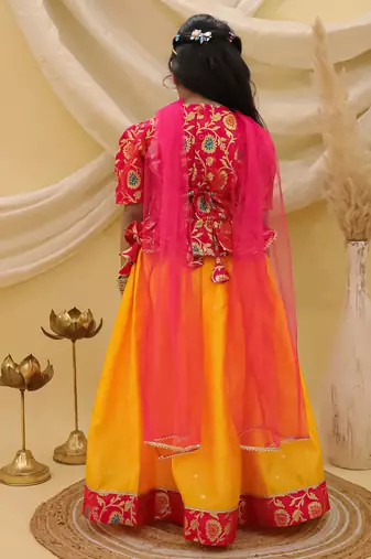 Short sleevesjacquard peplum lehenga choli with dupatta set for girls  pink