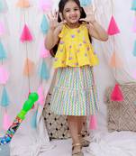 Summer sleeveless pure cotton printed tieup top & skirt set for girls  yellow