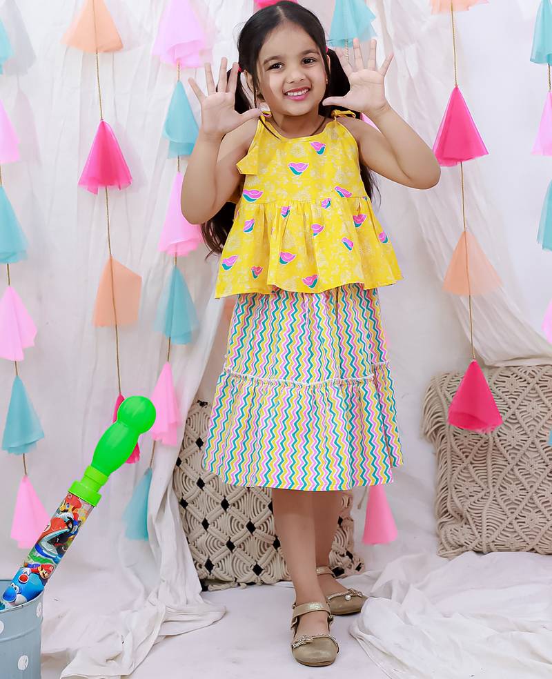 Summer sleeveless pure cotton printed tieup top & skirt set for girls  yellow