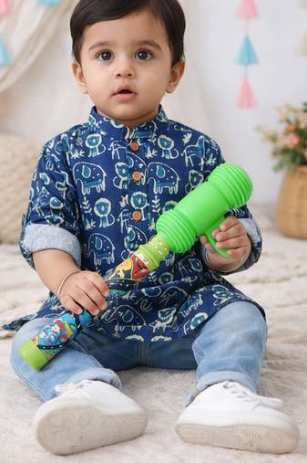 Fullsleeves quirky print  short kurta for infant boy  indigo