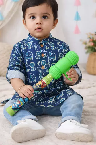 Fullsleeves quirky print  short kurta for infant boy  indigo