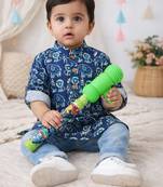 Fullsleeves quirky print  short kurta for infant boy  indigo
