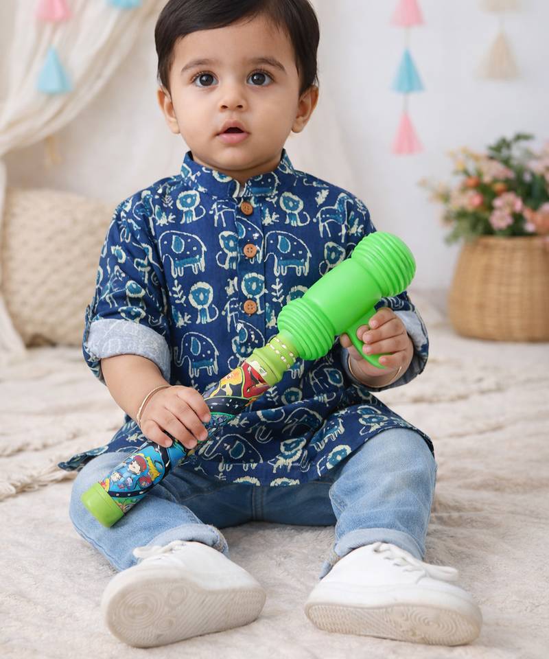 Fullsleeves quirky print  short kurta for infant boy  indigo