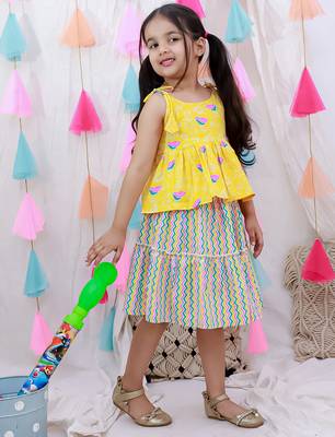 Summer sleeveless pure cotton printed tieup top & skirt set for girls  yellow 2