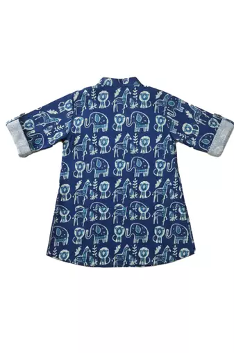 Fullsleeves quirky print  short kurta for infant boy  indigo