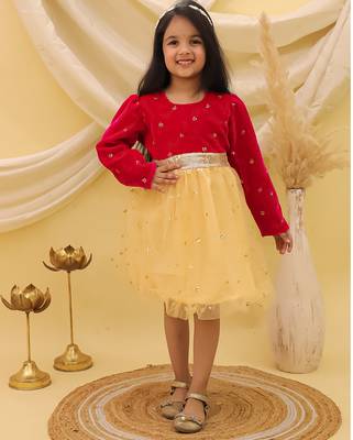 Full sleeves velvet party frock for girls  pink 1